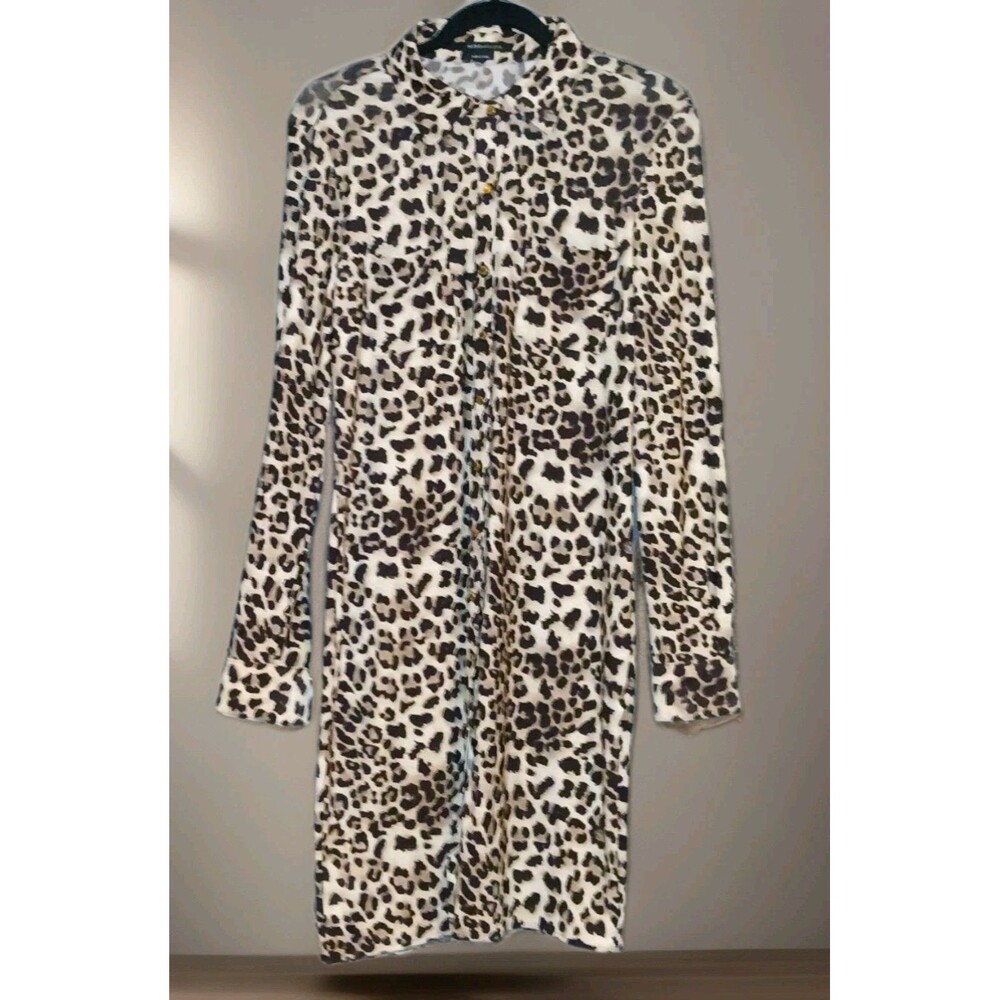 BCBG Leopard Print Shirt Dress Midi Button Front Effortless Cool Neutral Chic - Picture 3 of 7